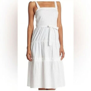 Topshop NWT Pintuck Waist Tie Shoulder Strap Tiered Hem Midi Dress White 14